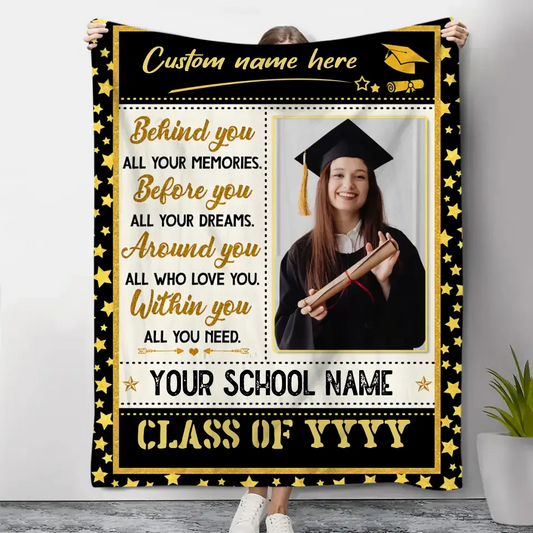 Personalisierte Decke „Behind You All Your Memories“, Geschenke zum Universitätsabschluss für Sie 2023, Abschlussdecke mit Bild