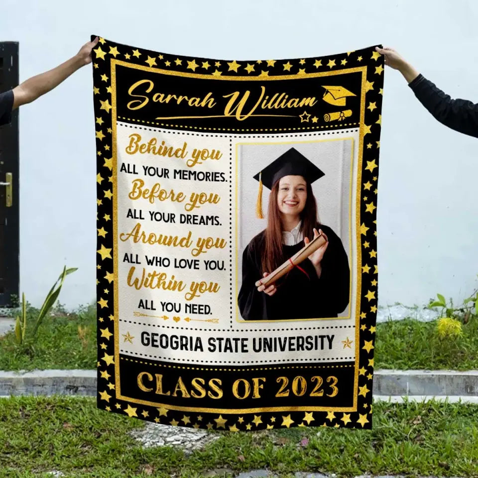 Personalisierte Decke „Behind You All Your Memories“, Geschenke zum Universitätsabschluss für Sie 2023, Abschlussdecke mit Bild