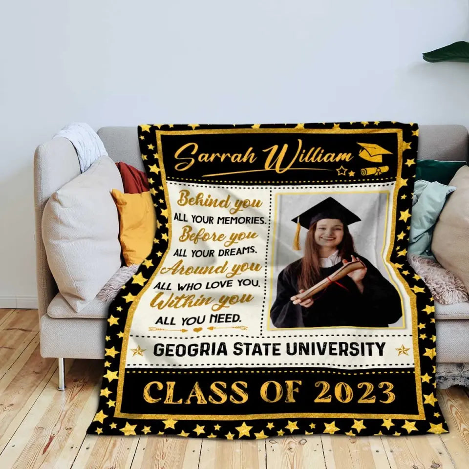 Personalisierte Decke „Behind You All Your Memories“, Geschenke zum Universitätsabschluss für Sie 2023, Abschlussdecke mit Bild