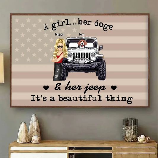 Personalisiertes „A Girl Her Dogs & Her Jeep It's A Beautiful Thing Jeep Girl“-Lichtrahmen auf Leinwand, bedruckt