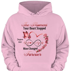 Memorial Butterfly Heart Infinity, Der Moment, in dem dein Herz stehen blieb, meins veränderte sich für immer, personalisiertes T-Shirt und Kapuzenpullover