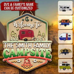 Willkommen auf dem Campingplatz – personalisiertes Türschild aus Holz, 2 Schichten, Geschenk für Camper, Camping-Wohnmobil-Dekoration