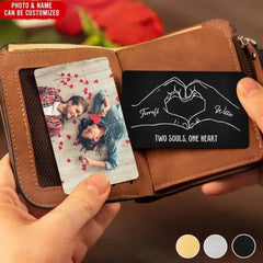 Zwei Seelen, ein Herz mit Paarfoto – personalisierte Metall-Geldbörsenkarte, Jubiläumsgeschenk für Sie/Ihn/Frau/Ehemann/Finanzen