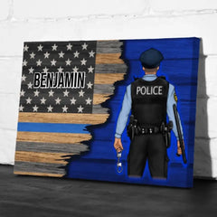 Personalisierte Leinwand, dünne Linie blaue amerikanische Flagge, Geschenk für Polizisten