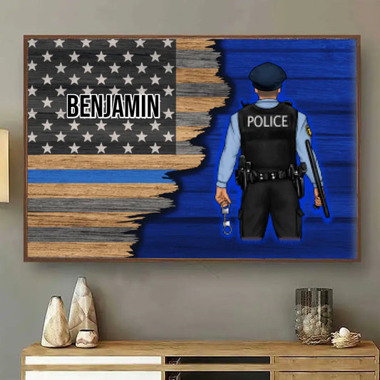 Personalisierte Leinwand, dünne Linie blaue amerikanische Flagge, Geschenk für Polizisten