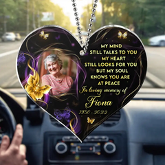 Benutzerdefinierte personalisierte Memorial Herz Acryl Auto Ornament – Foto hochladen – Memorial Geschenk für Familienmitglied – mein Geist spricht immer noch mit Ihnen