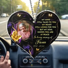 Benutzerdefinierte personalisierte Memorial Herz Acryl Auto Ornament – Foto hochladen – Memorial Geschenk für Familienmitglied – mein Geist spricht immer noch mit Ihnen