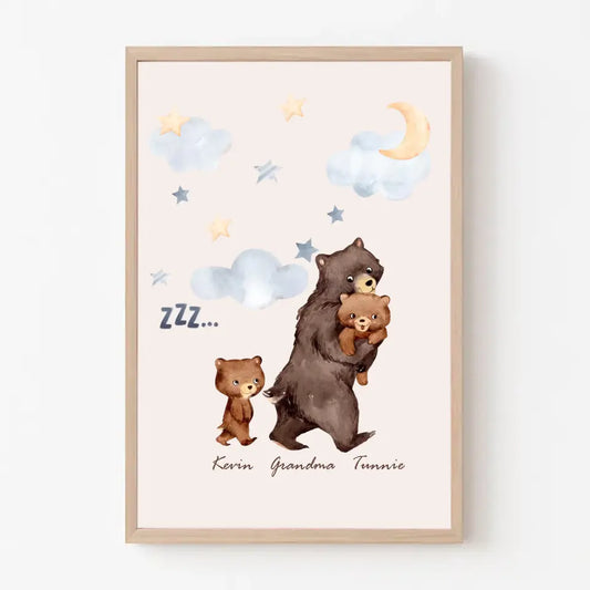 Personalisiertes Rahmenposter mit Oma-Bären- und Kindernamen, gedruckt