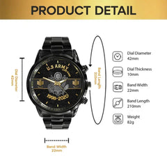 Personalisierte US-Veteranen-/Soldatuhr aus schwarzem Edelstahl, bedruckt