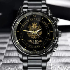 Personalisierte US-Veteranen-/Soldatuhr aus schwarzem Edelstahl