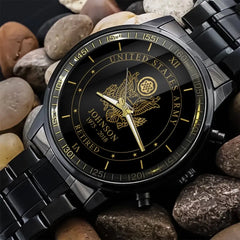 Personalisierte US-Veteranen-/Soldatuhr aus schwarzem Edelstahl