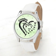 Personalized Grandma & Mom Heart Kid Names Women Watch Leather Band Printed