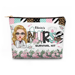 Krankenschwester-Survival-Kit mit rosa Blumenmuster – personalisierte, individuelle Schminktasche aus Segeltuch – Krankenschwestertag, Anerkennungsgeschenk für Krankenschwester