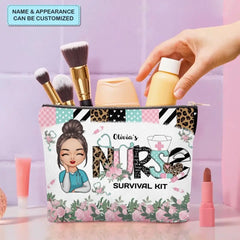 Krankenschwester-Survival-Kit mit rosa Blumenmuster – personalisierte, individuelle Schminktasche aus Segeltuch – Krankenschwestertag, Anerkennungsgeschenk für Krankenschwester
