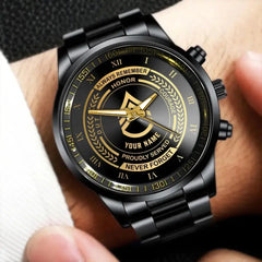 Personalisierte US-Veteranen-/Soldatuhr aus schwarzem Edelstahl
