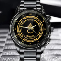 Personalisierte US-Veteranen-/Soldatuhr aus schwarzem Edelstahl