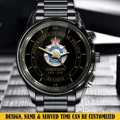Personalisierte Uhr mit individuellem Namen und Uhrzeit des australischen Polizeilogos