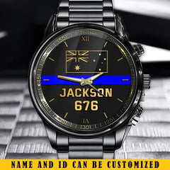 Personalisierte Australian Police Thin Blue Line-Uhr mit individuellem Namen und Ausweis, bedruckt