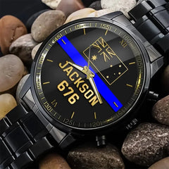 Personalisierte Australian Police Thin Blue Line-Uhr mit individuellem Namen und Ausweis, bedruckt