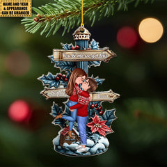 Personalized Acrylic Christmas Ornament - Doll Couple Sharing a Kiss in the Snow