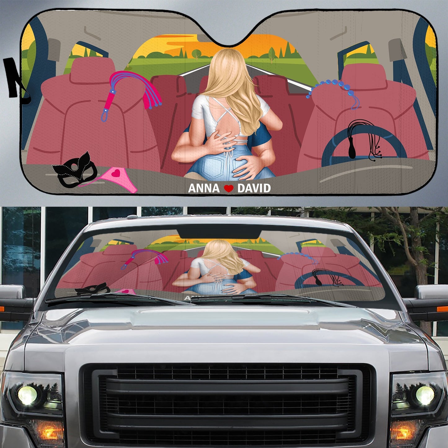 Romantic Road Trip Car Sunshade - Customizable Windshield Cover for Couples