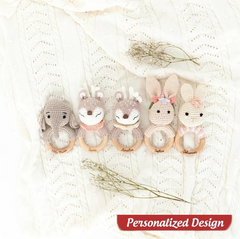 Customizable Newborn Gifts - Wooden Knitted Toy Rattle - Best Gift for Baby