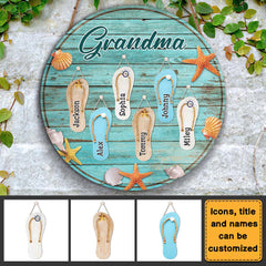 Personalized Gift For Grandma Flip Flop Beach Summer Vacation Round Wood Sign