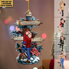 Personalized Acrylic Christmas Ornament - Doll Couple Sharing a Kiss in the Snow