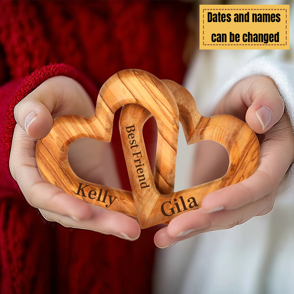 Custom Personalized Interlocking Hearts - Olive Wood Wooden Heart Shaped Valentine's Day Gift for Her and Him