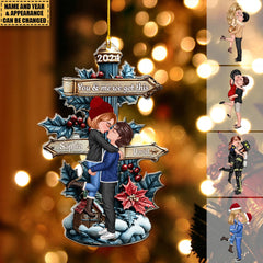 Personalized Acrylic Christmas Ornament - Doll Couple Sharing a Kiss in the Snow