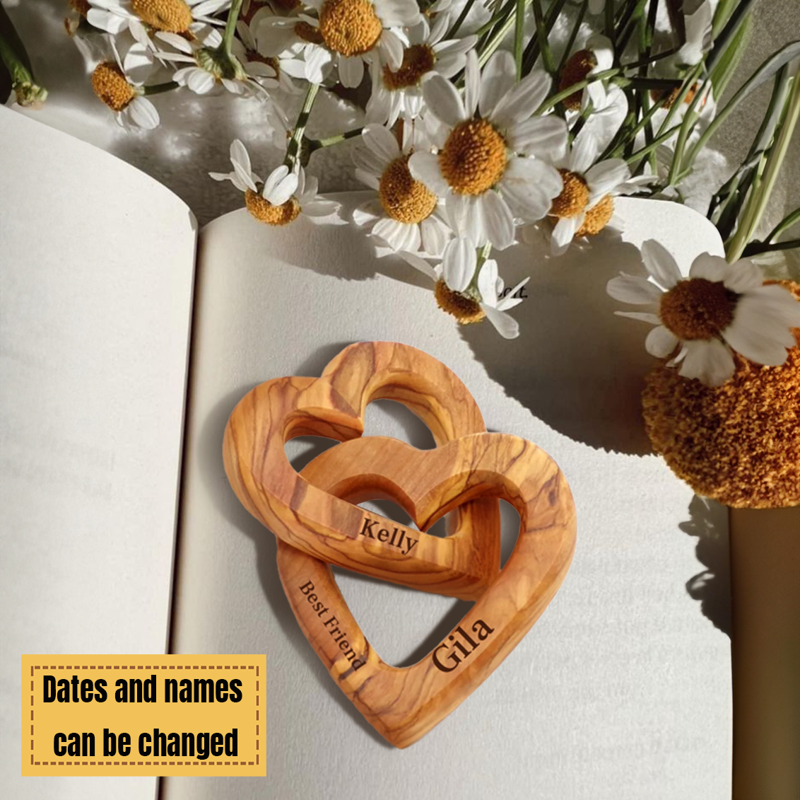 Custom Personalized Interlocking Hearts - Olive Wood Wooden Heart Shaped Valentine's Day Gift for Her and Him