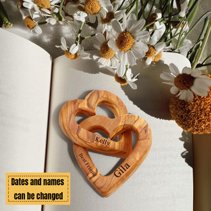 Custom Personalized Interlocking Hearts - Olive Wood Wooden Heart Shaped Valentine's Day Gift for Her and Him