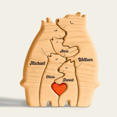 Wir sind eins – Familie personalisiertes, individuelles Kunstpuzzle in Bärenform aus Holz – Haustierschnitzereien aus Holz, Tischdekoration aus Holzskulpturen, geschnitzte Holzdekoration – Geschenk für Familienmitglieder