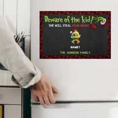 Beware the Kids, Gift for Family, Green Monster Kids - Personalized Fridge Decal, Christmas