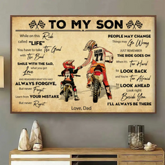 Personalisiertes Motocross-Poster, Leinwand mit individuellem Namen, Nummer und Aussehen, Vintage-Dirt-Bike-Vater und Tochter und Sohn