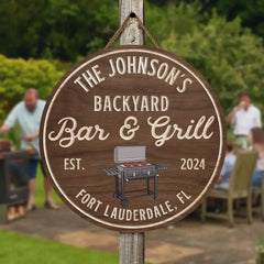 Hinterhof Bar &amp; Grill, Grillschild – personalisiertes Holzschild, Geschenk für Familie, individuelles Rauchhausschild