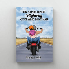 On A Dark Desert Highway Cool Wind In My Hair Motorcycle Riding - Personalized Canvas For Motorcycle Couples, Bikers