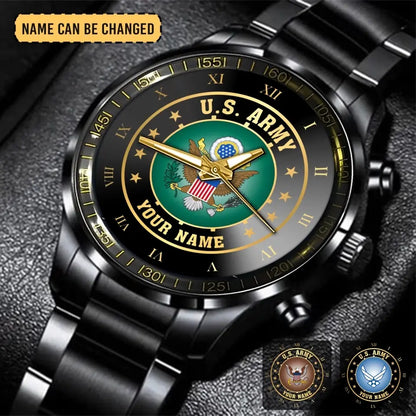 Personalisierte US-Veteranen-/Soldatuhr aus schwarzem Edelstahl