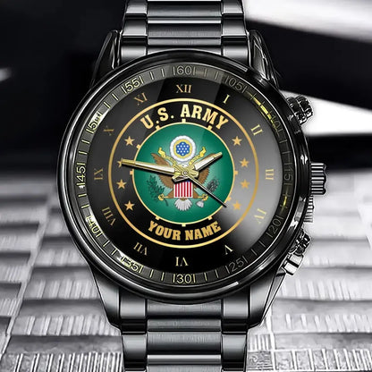Personalisierte US-Veteranen-/Soldatuhr aus schwarzem Edelstahl