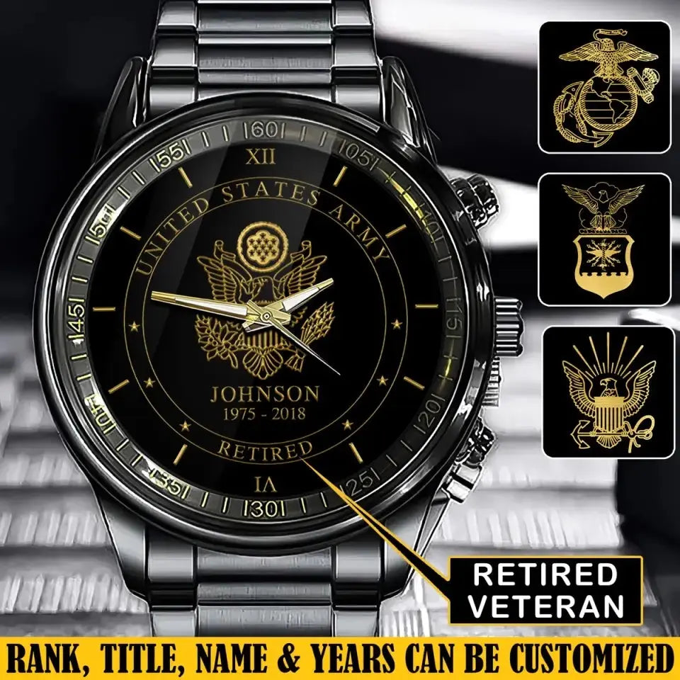 Personalisierte US-Veteranen-/Soldatuhr aus schwarzem Edelstahl