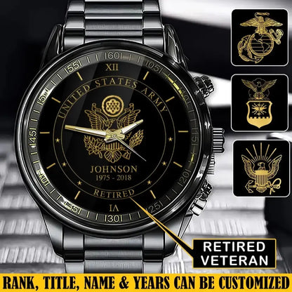 Personalisierte US-Veteranen-/Soldatuhr aus schwarzem Edelstahl