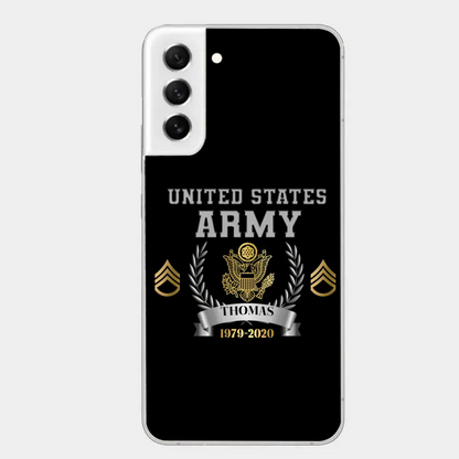 Personalisierte Handyhülle mit individuellem Namen und Uhrzeit im US-Armee-Rang-Camouflage-Design bedruckt