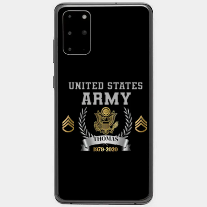 Personalisierte Handyhülle mit individuellem Namen und Uhrzeit im US-Armee-Rang-Camouflage-Design bedruckt