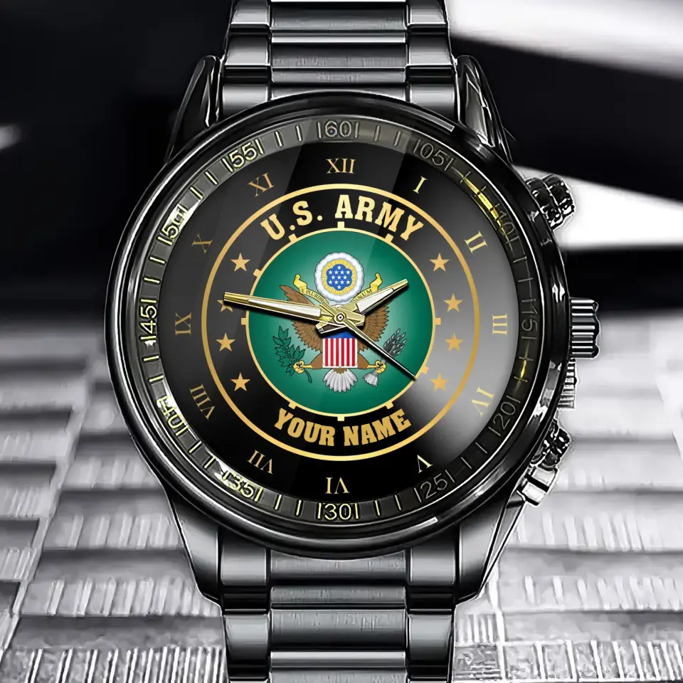 Personalisierte US-Veteranen-/Soldatuhr aus schwarzem Edelstahl