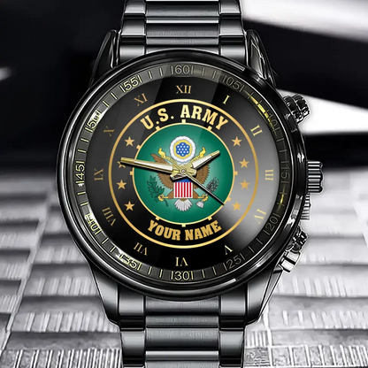 Personalisierte US-Veteranen-/Soldatuhr aus schwarzem Edelstahl