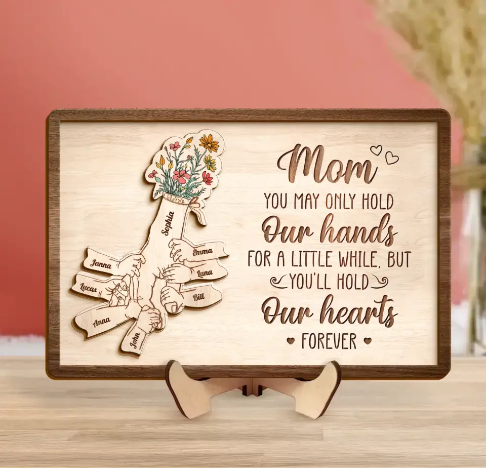 Custom Personalized Mom Custom 2 Layered Wooden Art - Upto 10 Kids - Gift Idea For Mother's Day - You'll Hold Our Hearts Forever