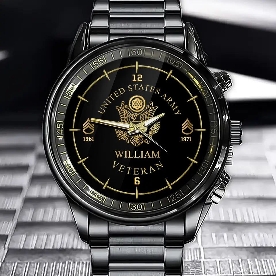 Personalisierte Armbanduhr im Ruhestand mit Logo der US-Armee, Dienstgrad, Camo, mit individuellem Namen, bedruckt