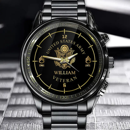 Personalisierte Armbanduhr im Ruhestand mit Logo der US-Armee, Dienstgrad, Camo, mit individuellem Namen, bedruckt