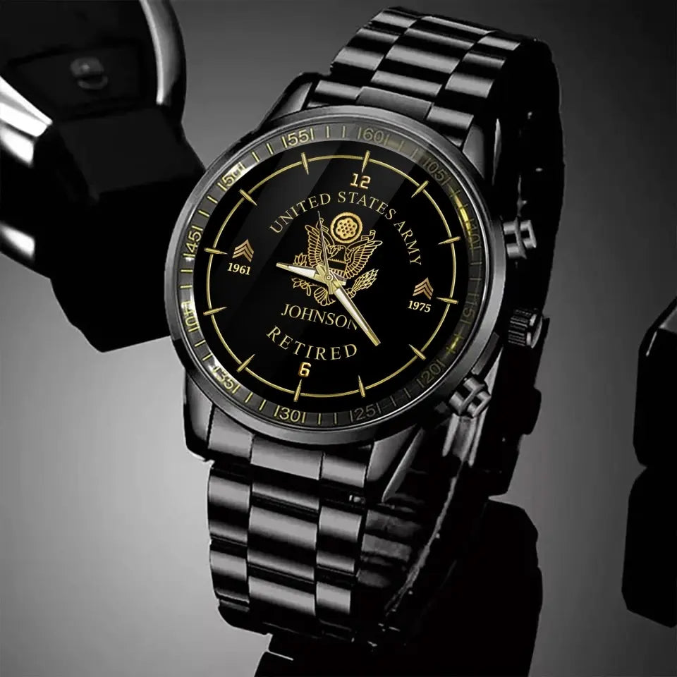 Personalisierte Armbanduhr im Ruhestand mit Logo der US-Armee, Dienstgrad, Camo, mit individuellem Namen, bedruckt