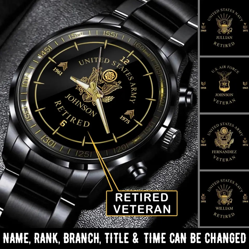 Personalisierte Armbanduhr im Ruhestand mit Logo der US-Armee, Dienstgrad, Camo, mit individuellem Namen, bedruckt
